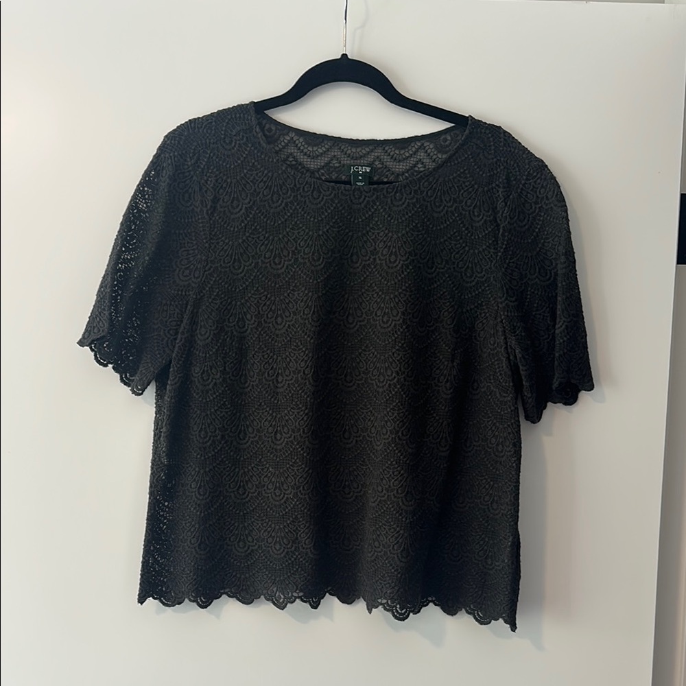 J. Crew Blackish gray  lace sheer Blouse with Scalloped Edges